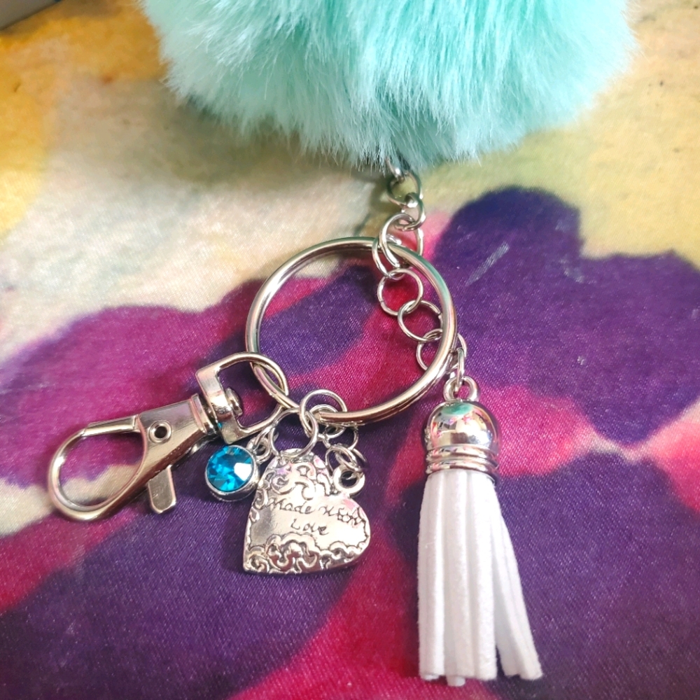 Pom Pom keychain Made with Love charm
